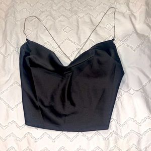 Cowl Neck Cropped Tank Top with Rhinestone Straps